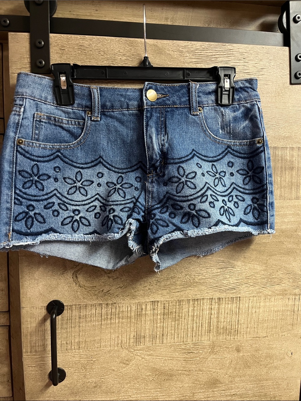 Blu Pepper Blue Embroidered Denim Shorts with Floral Design